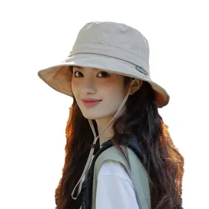 Womens summer anti-uv outdoor quick-dry bucket hat with windproof rope, beige sun protection