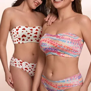 Women seamless strapless bandeau bra anti-slip jelly bralette cute heart and colorful wavy print