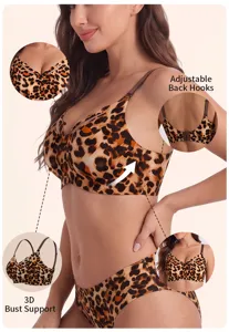 Detail view showing leopard print bra with 3d bust support and adjustable back hooks.