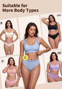 Detailed view of seamless sports bra and underwear set, wireless comfort for all body types.