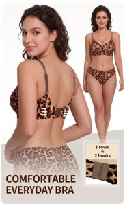 Comfortable everyday leopard print seamless wireless bra set, soft breathable support details.