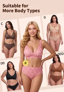 Naadloze beugelloze luipaard print BH en slip set, comfortabele grote maten lingerie.