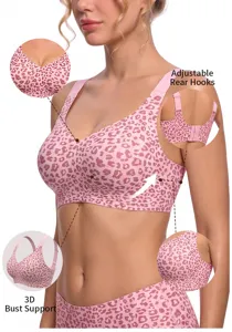 Close-up of leopard wireless bra showing 3D bust support and adjustable rear hooks.