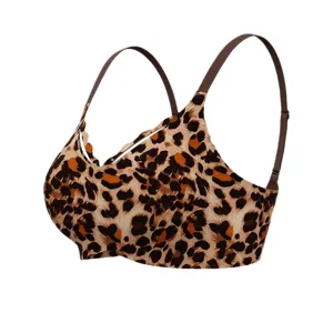 Women's seamless wireless leopard print bra, adjustable thin straps, comfortable push up bralette.