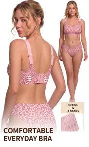 Detailed view of the comfortable pink leopard print seamless wireless bra back closure.