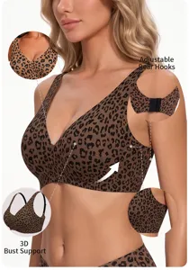 Leopard print deep V wireless jelly bra detail showing 3D bust support and adjustable hooks.