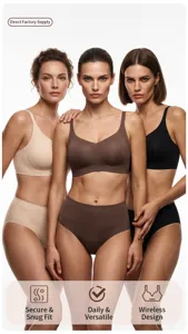 Detailed view of wireless jelly bra and panties set showcasing soft comfort and deep V fit.