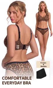 Leopard print seamless wireless bra and panties set, deep V design, comfortable daily wear.