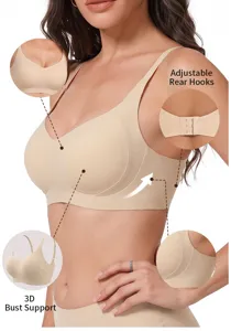 Seamless wireless nude bra with 3D support and adjustable rear hooks for daily comfort.