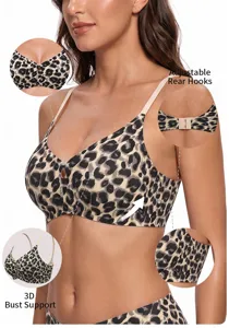 Detailed view of leopard print wireless bra featuring 3D bust support and adjustable rear hooks.