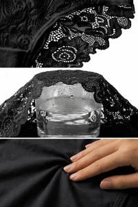 Black lace underwear detail view, seamless quick-drying breathable fabric texture showcase.