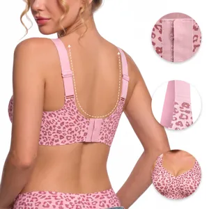 Women Plus Size Seamless Leopard Print Jelly Glue Wireless Bra Comfort Gathering Full Cup Daily Underwear