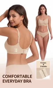 Comfortable everyday seamless wireless nude bra and underwear set with adjustable straps.