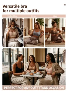 Lifestyle detail shot showing comfortable wireless bra worn in coffee shop, home, and yoga.