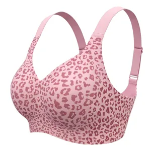 Pink leopard print plus size wireless bra, seamless comfort push up women underwear top.