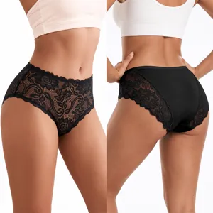 Women's Seamless Lace Mid Waist Briefs Breathable Quick Dry Solid Color Panties