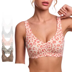 Seamless Leopard Print Wireless Deep V Jelly Bra Comfortable Push Up Padded Underwear Plus