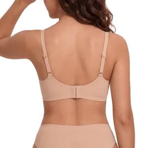 Women's seamless nude wireless bra and panties set with adjustable straps for daily comfort.