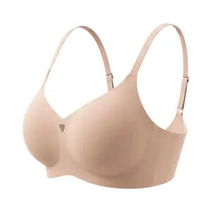 Nude seamless wireless bra with adjustable straps and deep V neck for comfortable daily wear.