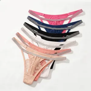 Women low waist rhinestone thong sexy lace ice silk briefs multi color panty main view