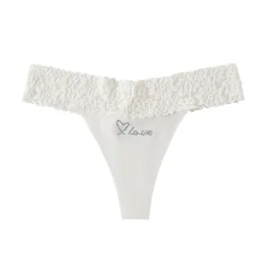 Sexy high waist lace thong for women, seamless rhinestone love panty breathable underwear