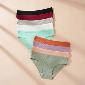 Women's Seamless Ribbed Cotton Panties Breathable Mid Waist Briefs Solid Color Soft Stretch Lingerie For Daily Wear