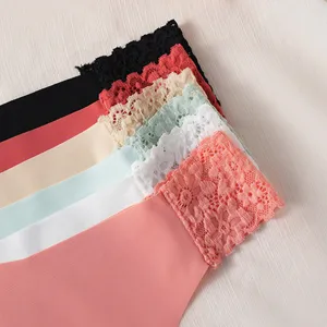 Women ice silk seamless low waist panties with delicate lace trim, multi-color daily wear pack.