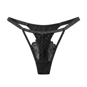Sexy black rhinestone lace thong for women low waist seamless ice silk transparent underwear