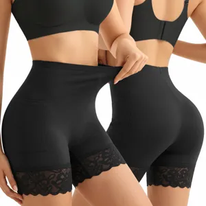 Pantaloncini modellanti vita alta donna con tasca e bordo in pizzo nero senza cuciture