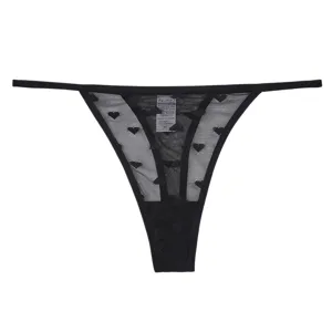 Tanga de mujer sexy transparente de malla con bonitos patrones de corazones de terciopelo.