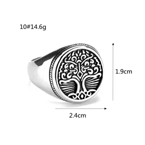 Vintage stainless steel ring for men and women, solid polished tree of life band detail view.