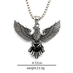Retro stainless steel eagle pendant necklace with black stone for men and women vintage jewelry