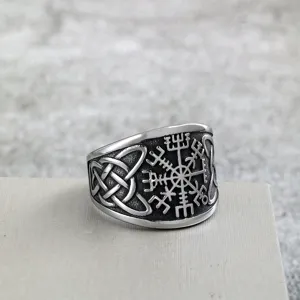 Vintage stainless steel ring for men featuring Viking compass and Celtic knot patterns.