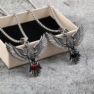 Vintage 304 Stainless Steel Eagle Pendant Necklace For Men Women Punk Biker Double Sided Texture Eagle Rhinestone Pendant Gothic Viking Jewelry Gift
