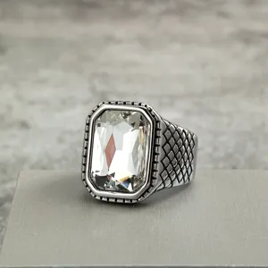 Vintage stainless steel ring for men with large rectangular crystal stone and checkered band