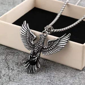 Vintage stainless steel eagle pendant necklace with black gemstone for men and women