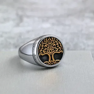 Stainless steel tree of life ring vintage viking style polished band unisex fashion jewelry