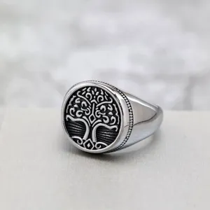 Stainless steel tree of life ring detail view, vintage Viking style signet ring design
