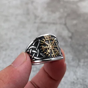 Detailed view of solid stainless steel Nordic Viking compass ring with retro Celtic knot design.