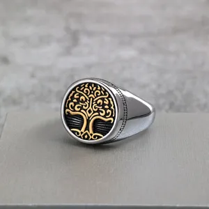 Stainless Steel Viking Tree of Life Ring Vintage Gold and Black Unisex Band Jewelry