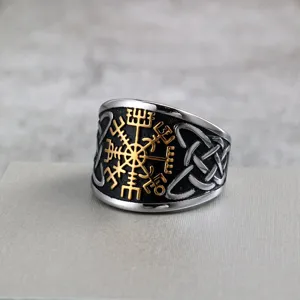 Stainless steel Viking compass ring with Nordic knot design for men and women retro style