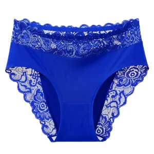 Sexy blue lace panties for women, mid-waist breathable floral briefs underwear apparel.
