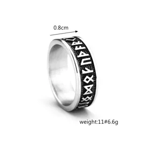 Detail view of the stainless steel Viking rune ring, showcasing intricate Nordic symbols.