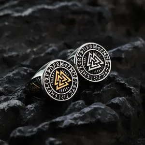 Nordic Vintage Stainless Steel Ring For Men Valknut Viking Triangle Symbol Norse Runes Embossed Signet Ring Punk Hip Hop Unisex Finger Ring Band