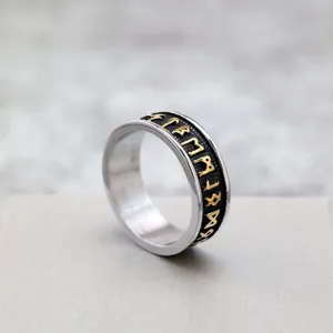 Men's stainless steel Viking rune ring, detailed close-up view of the vintage carved band.