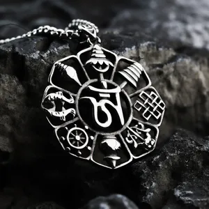 Collier pendentif bouddhiste vintage en acier inoxydable pour hommes vue détaillée