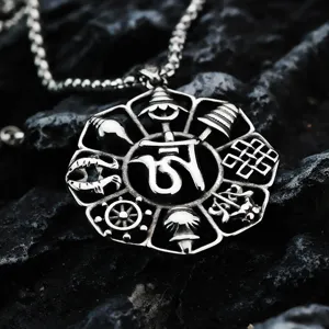 Collier pendentif homme en acier inoxydable rétro, bijoux amulette bouddhiste ajourés.