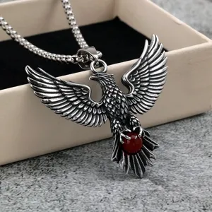 Vintage Stainless Steel Eagle Pendant Necklace with Red Stone For Daily Wear Main Image