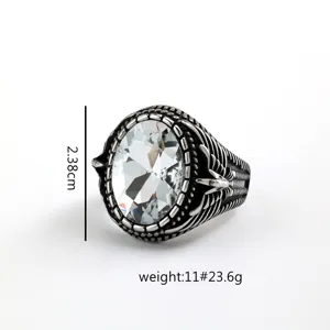 Vintage stainless steel men ring with large oval white glass stone and wing design 11#