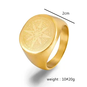Anillo de sello de brújula retro de acero inoxidable unisex color oro macizo de moda